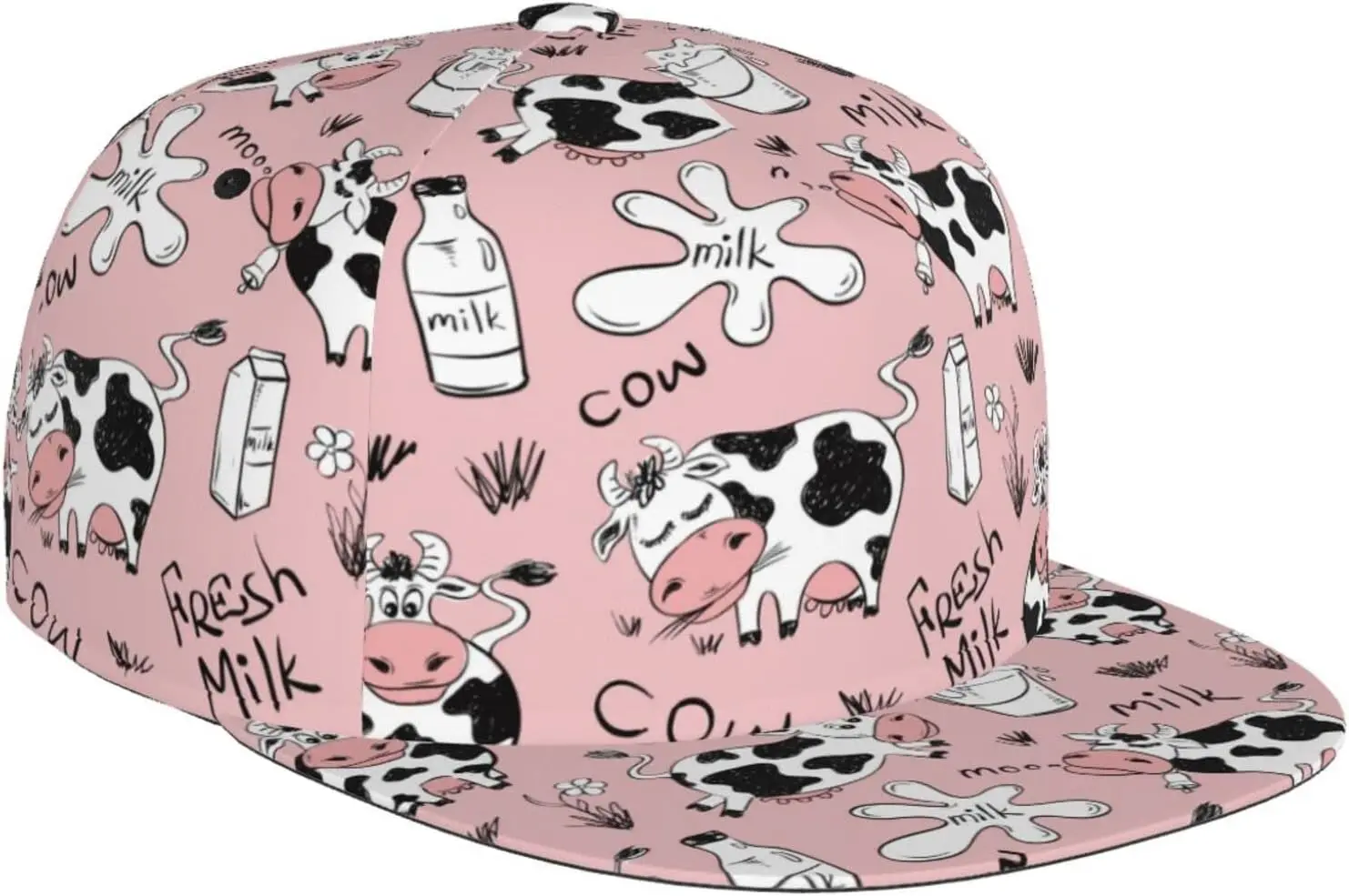 Cute Milk Cow Pattern Flat Bill Hat, Unisex Snapback Baseball Cap Hip Hop Style Flat Visor Blank Adjustable Black