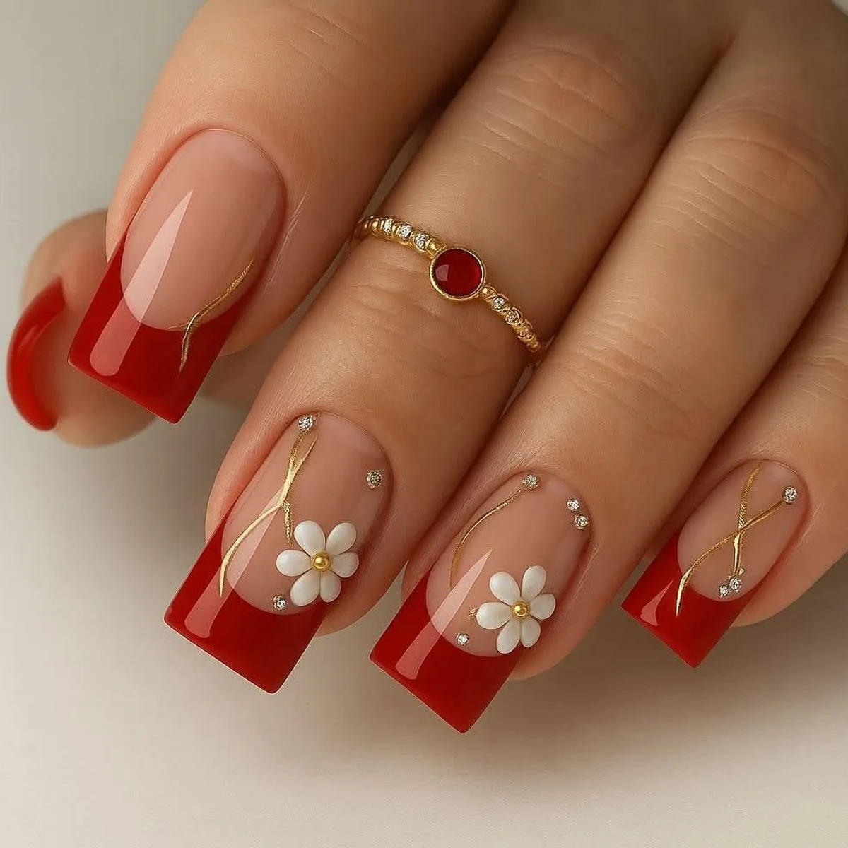 Mittellange künstliche Nägel für Frauen und Mädchen, 3D-Blumenkirsche mit Strass-Design, französische quadratische Wassertropfen-Spitzen, zum Aufdrücken falscher Nägel