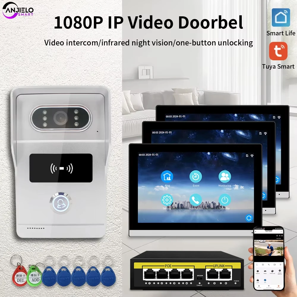 

ANJIELOTuya video intercomsystemtouchscreen Wifi10-inch IP1080Pvilla tabletRFID accesscontrol POE wired doorbell security protec