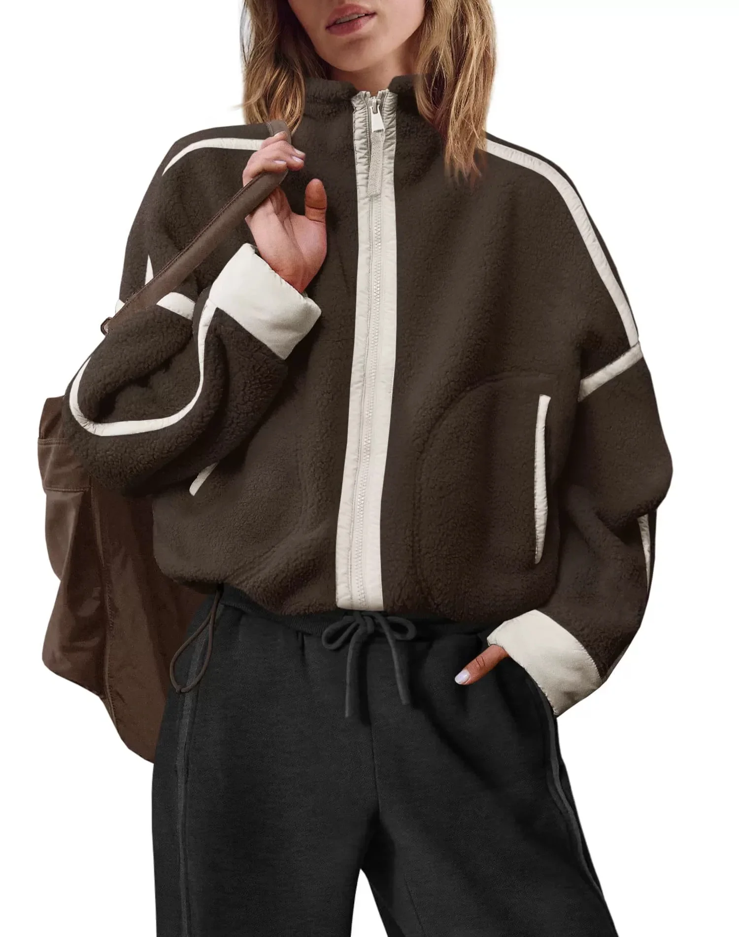 Damen-Fleecejacke mit durchgehendem Reißverschluss, weißem Kontraststreifen, Stehkragen, langen Ärmeln, Kordelzug am Saum, lockerer Schnitt, warme Winterjacke. – Detail 3