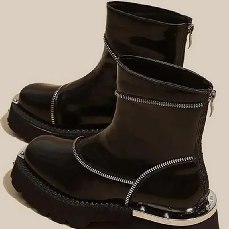 Bota de tornozelo com zíper para mulheres, dedo do pé redondo, monocromática, quente, cano curto, salto médio, impermeável, sapatos femininos, inverno, novo, 2022