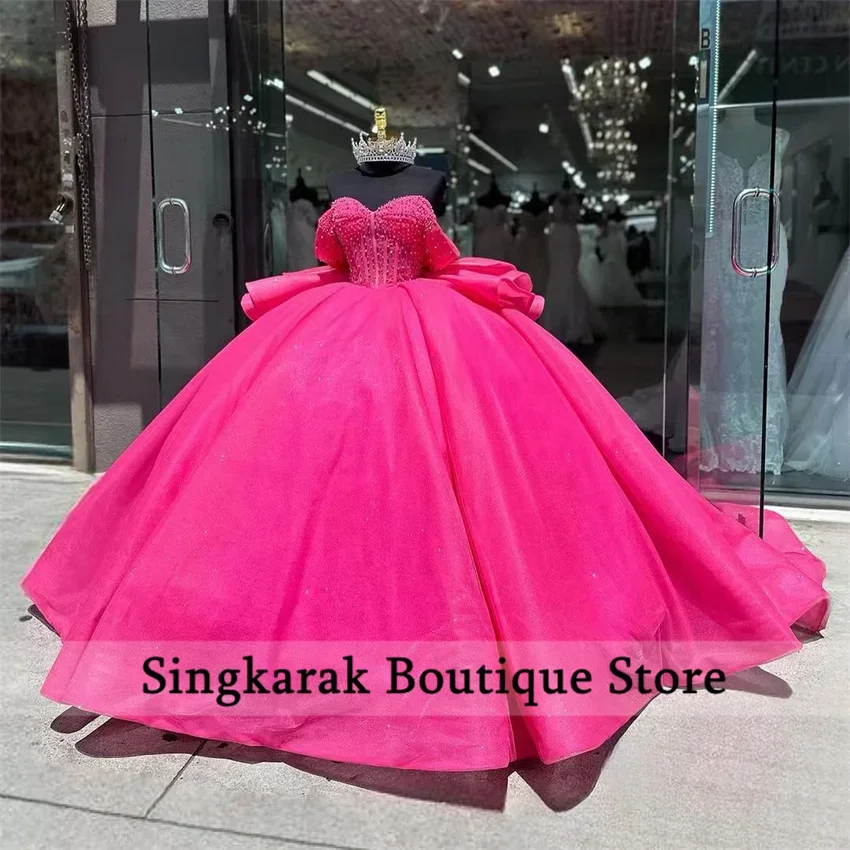 Red Quinceanera Dresses With Bow Sweet 16 Dress Appliques Crystal Pearls Beads Birthday Party Gowns Vestido De 15 Ball Gown