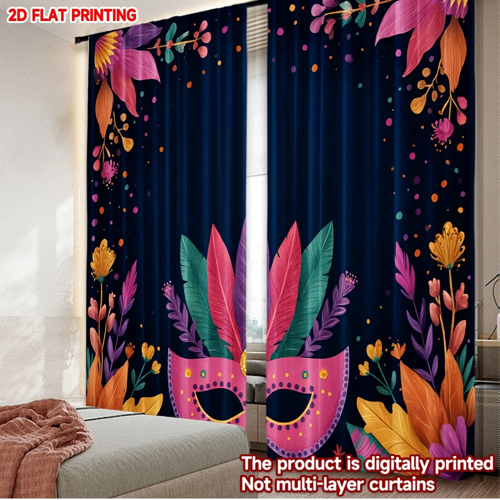 2D flat printing 2pcs Curtain Curtains Carnival Festive Mask Design Digital Printed Polyester Drapes All Season Party & Holiday