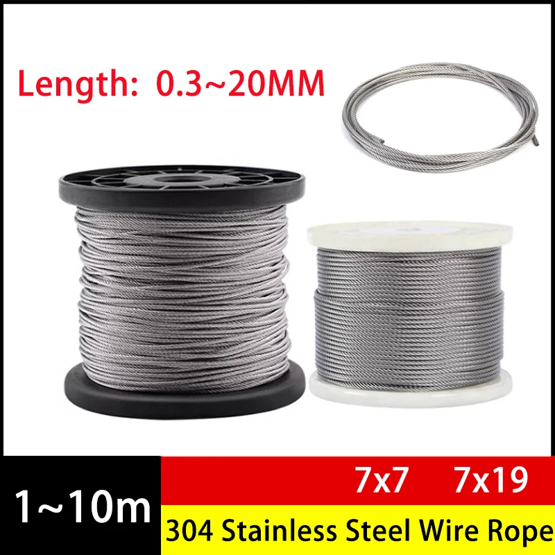 1-10m 0.3-10mm Diameter 7X7 7X19 Structure 304 Stainless Steel Wire Rope Thin Cable Softer Fishing Lifting  Cable