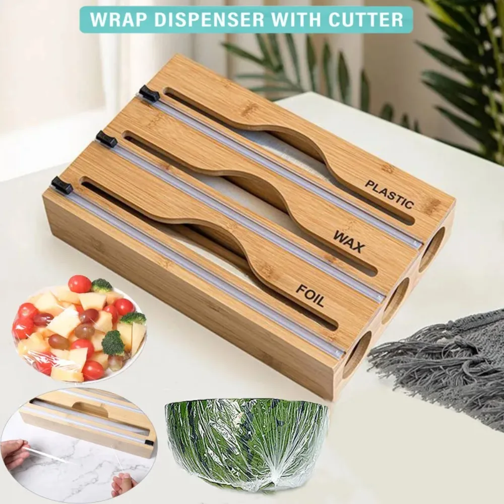 

Cling Film Cutter 3 in 1 Wall Mounted Bamboo Wrap Dispenser with Slide Cutter Kitchen Aluminum Foil Wax Paper Storage Dispensers