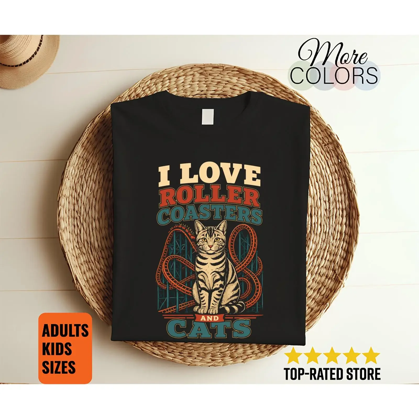 Ich liebe Achterbahnen und Katzen – Vintage-T-Shirt, Vergnügungspark, aufregende Fahrt, für Katzenliebhaber, Retro-Design, für Erwachsene und Kinder, Vintage-Stil.