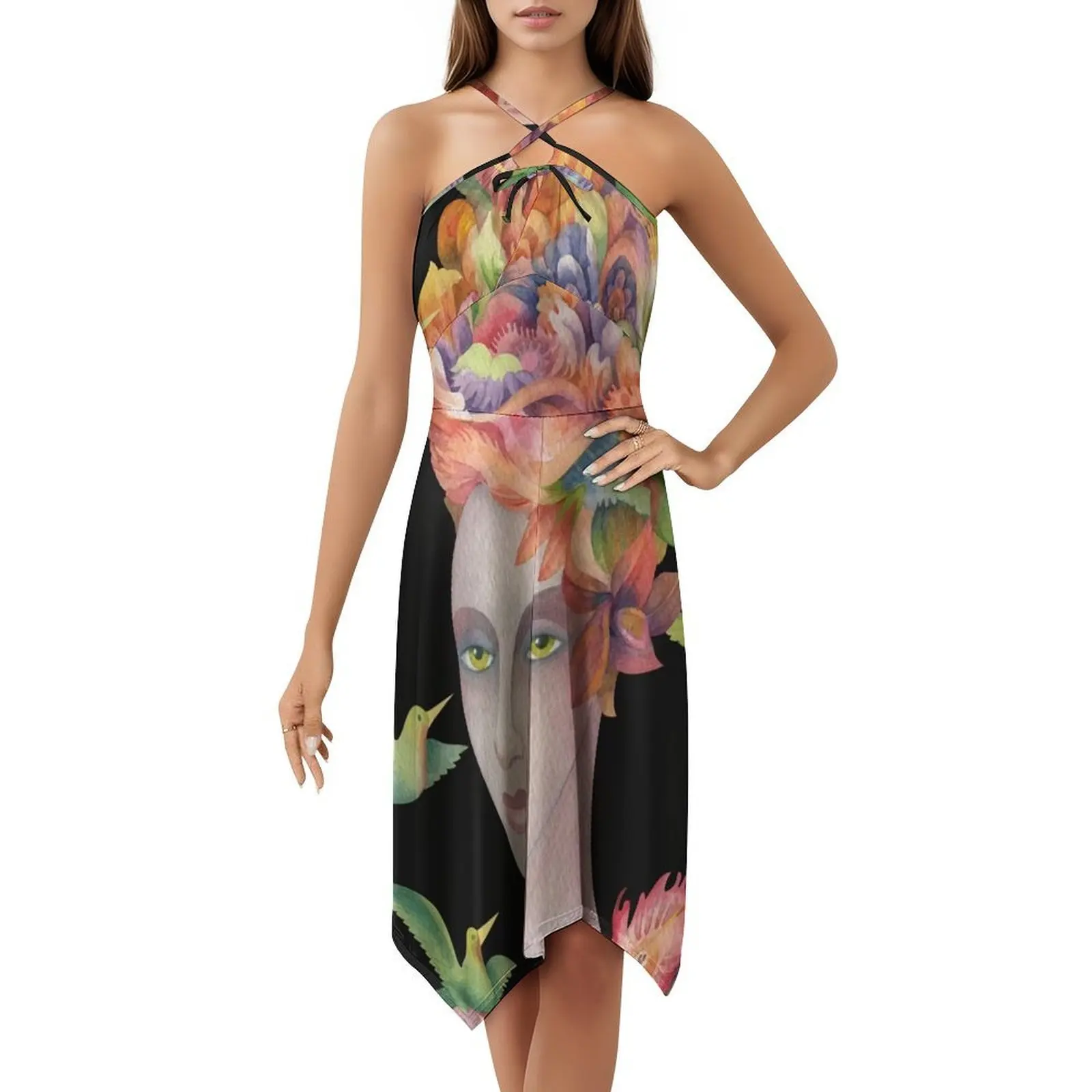 Who'S That Girl ? #4 Floral Smock Dress For Women Spring Summer Casual Dress For Party Watercolor Girl Hummingbirds Flowers