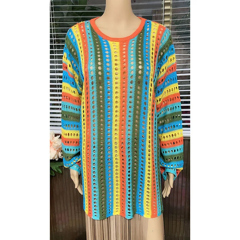 بوهو مخطط الكروشيه تونك مثير الجوف خارج بيكيني Cover متعدد الألوان فستان شبكي المرأة ملابس الشاطئ لباس سباحة التستر