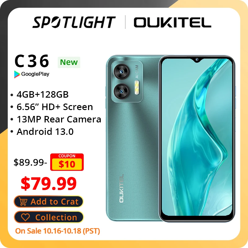 Oukitel C36-Estreno mundial, 4GB de RAM + 128GB de ROM, Octa Core, pantalla HD de 6,56 pulgadas, cámara trasera de 13MP, Android 13, 5150mAh