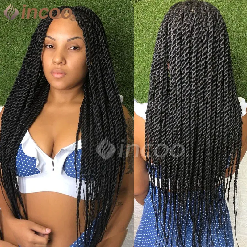 Wig kepang kotak putar sintetis 36 ", Wig Senegalese tanpa simpul 360 renda penuh depan untuk wanita warna hitam, Wig kepang tanpa simpul