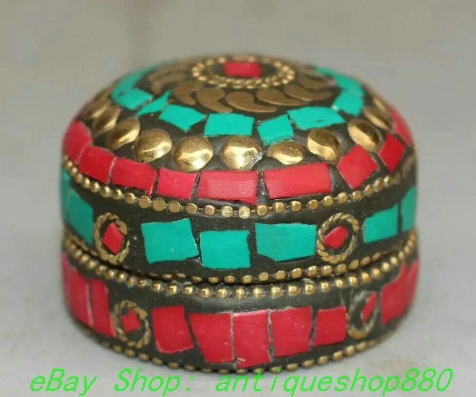 

1.7-Inch Vintage Tibetan Bronze Silver Inlaid Turquoise Coral Container Box -