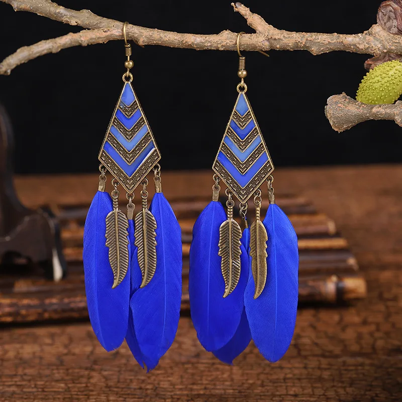 Vintage Simple Feather Leaf Tassel Earrings For Women Bohemian Enamel Geometric Retro Hanging Long Drop Dangle Earrings Brincos