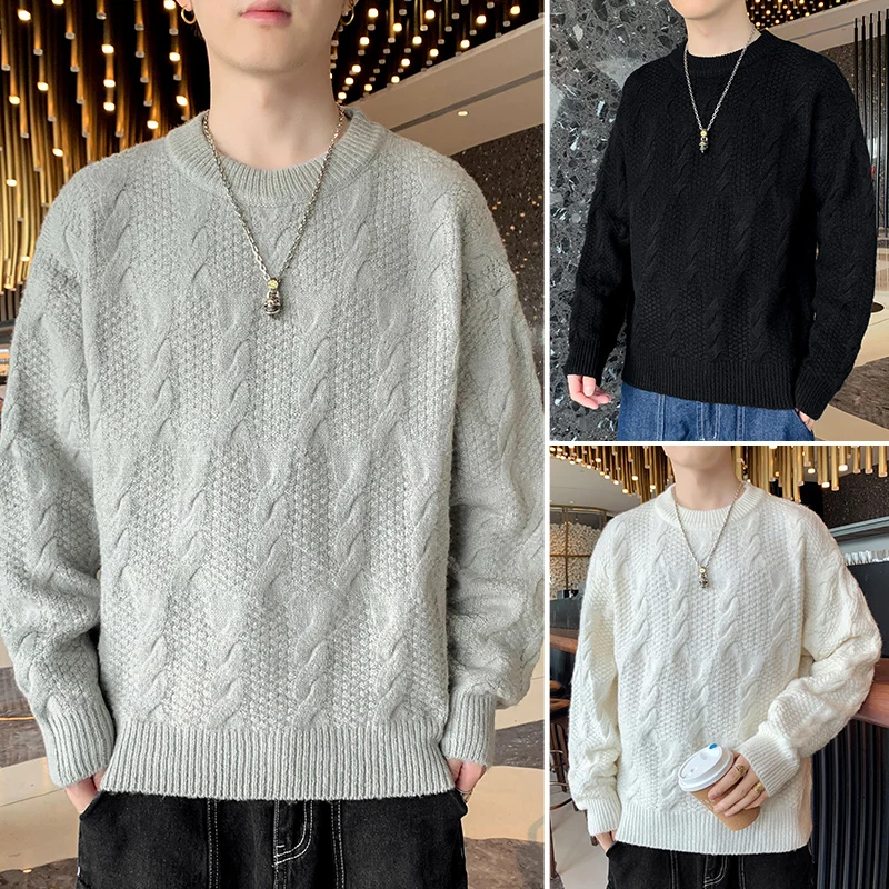 

Модный однотонный вязаный свитер в рубчик с круглым вырезом, мужской повседневный свитшот, весенне-осенний пуловер с длинными рукавами, базовый эластичный трикотаж, топ