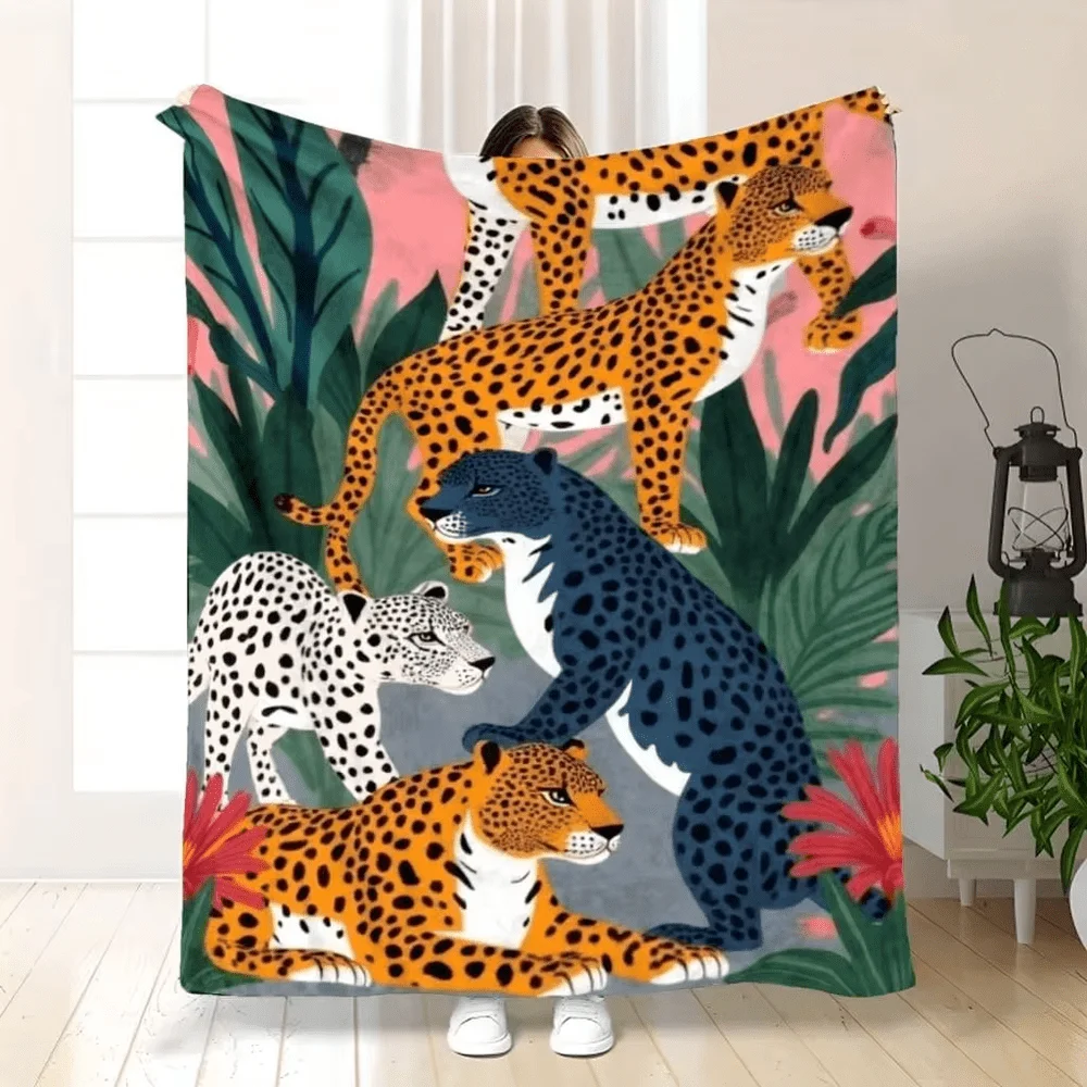 Leopard Resting Sofa Green Plant Curtain Vintage Oil Painting Soft Cozy Throw Blanket for Sofa Bed Artistic Touch