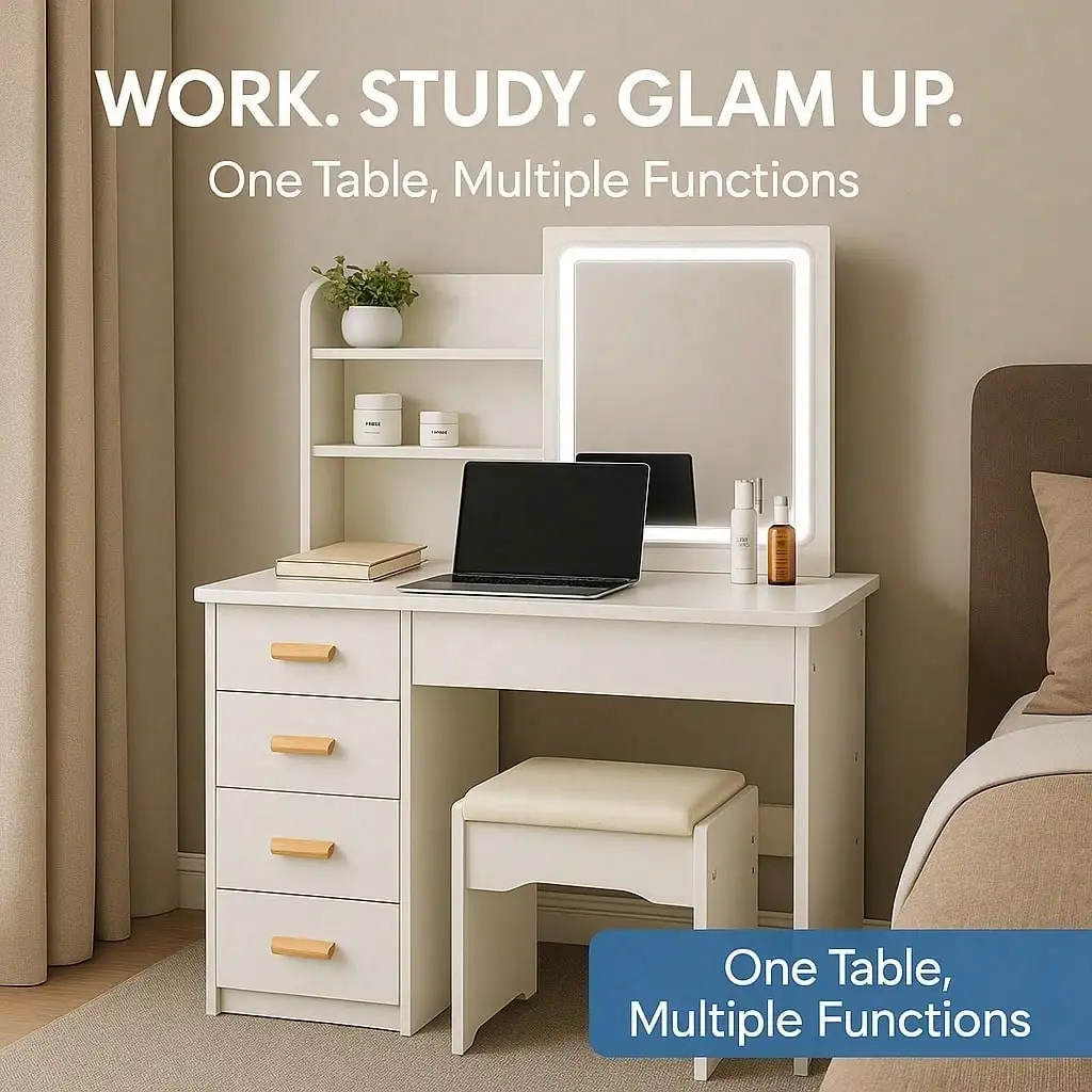 

Light Luxury Dressing Table Set With LED Ring Mirror And Multi Layer Drawers To Create Exquisite Dressing Area