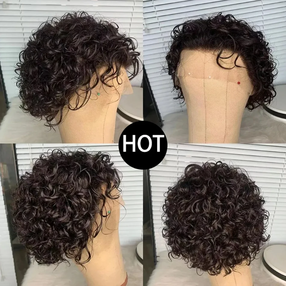 Pixie Cut Wig Short Bob Curly Human Hair Wigs perruque bresillienne Cheap 13X1 Transparent Lace Wig Water Deep Wave Human Hair