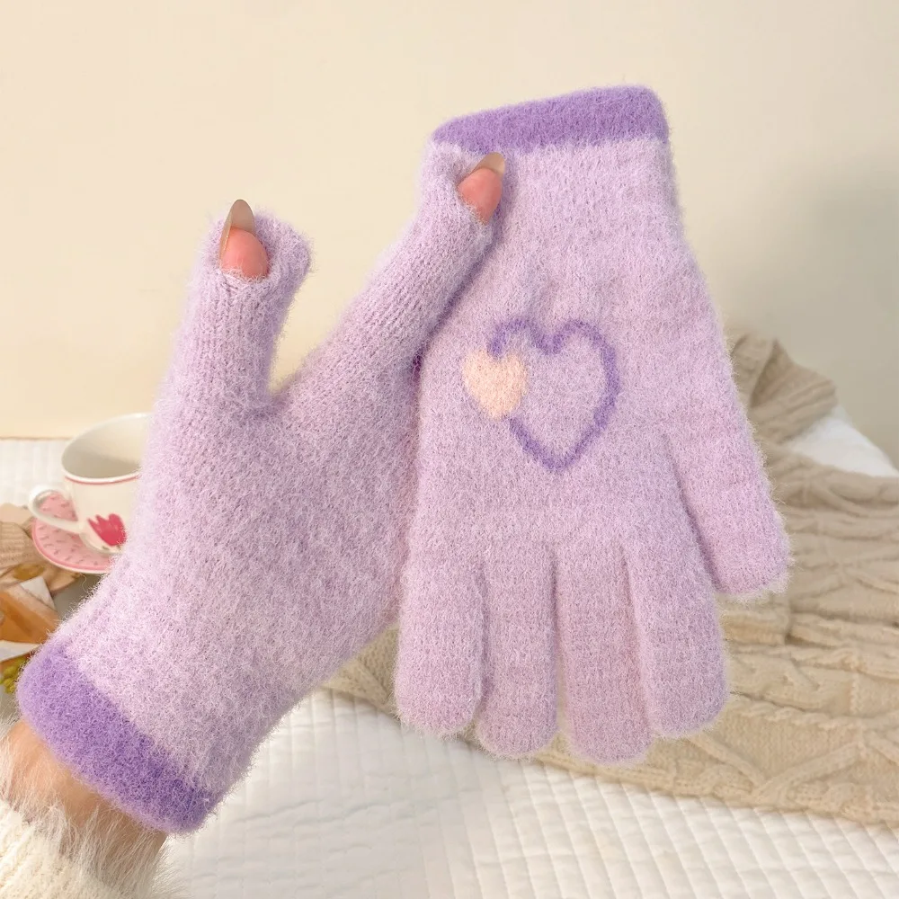 Cute Heart Gloves Finger exposed Comfortable Warm Gloves Warm Thickened Full Finger Gloves Women