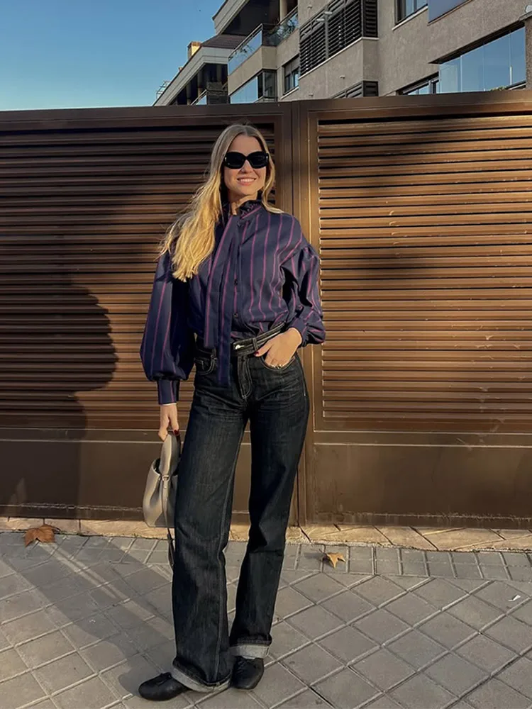 Vintage Chic Striped Contrasting Long Puff Sleeve Shirt For Women Button Bow Tie Casual Tops 2025 Fashion Female Street Blouse