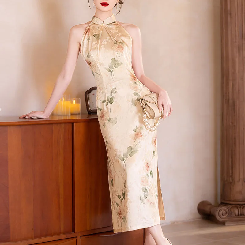 

Retro Printed Cheongsam New Chinese Style Improved Slim Fit Qipao Sexy Sleeveless Traditional Chinese Dress Evening Party Gown