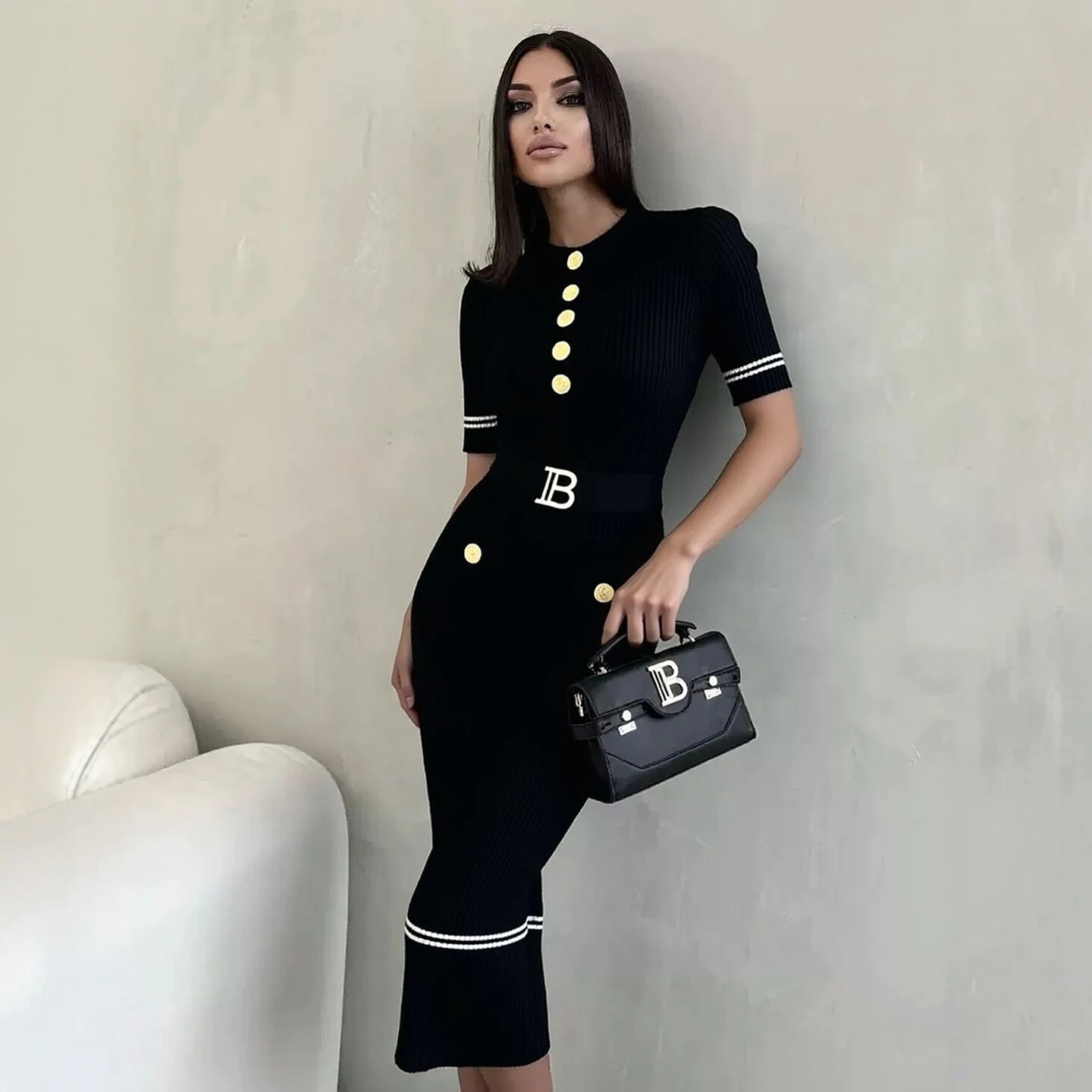 YuooMuoo 2026 Spring Summer Women Knitted Long Dress Brand Fashion O-neck Buttons Slim Belt Bodycon Sweater Dress Office Vestido