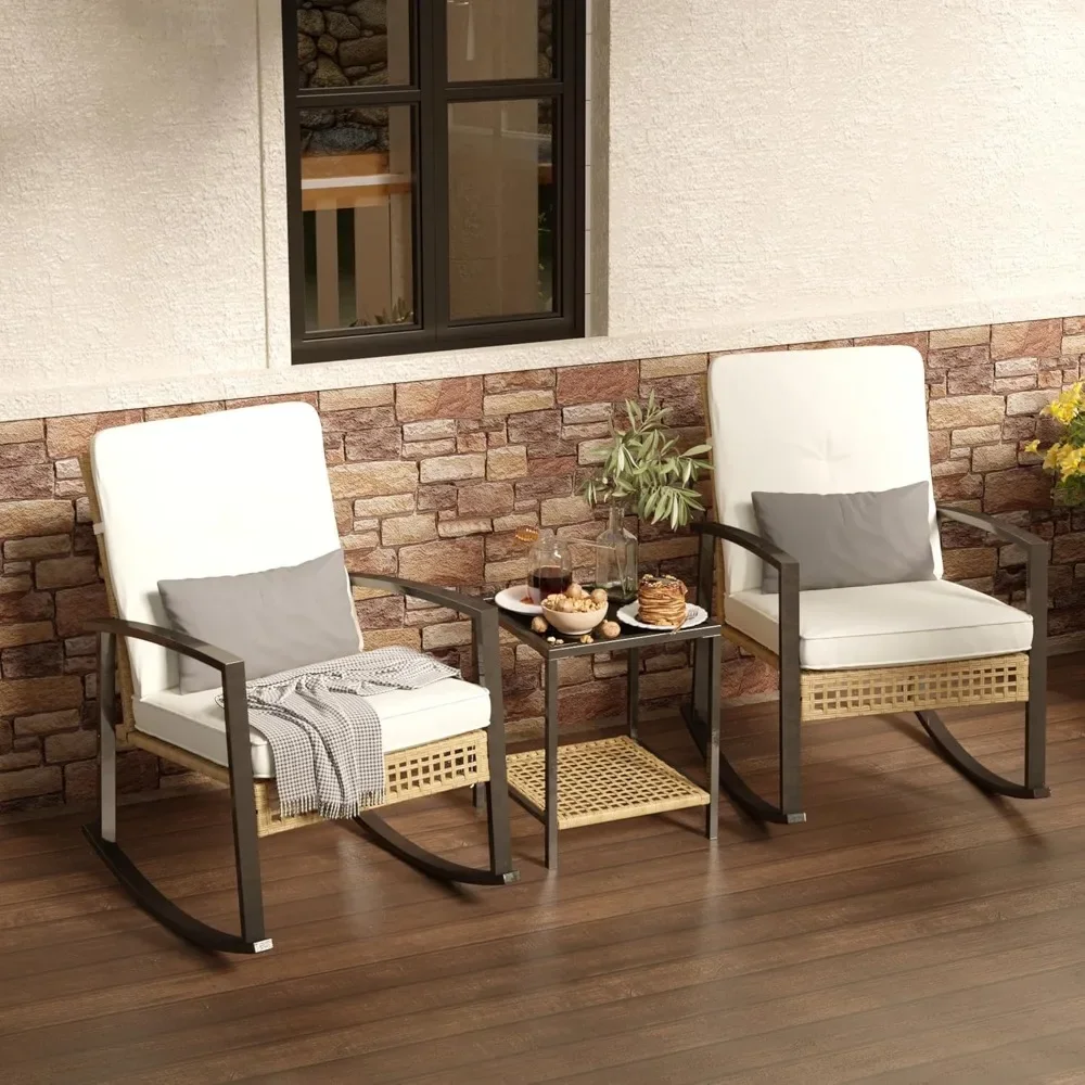 

3 Piece Patio Rocking Chairs Set of 2, Outdoor Rocking Chair Bistro Set with Tempered Glass Coffee Tablede