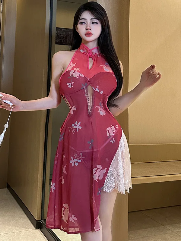 Lencería divertida sin mangas, pijama sexy de estilo chino, cheongsam ajustado, ropa encantadora para el hogar, RHR7