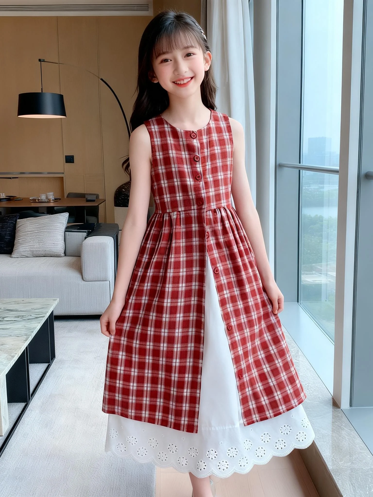 girls-plaid-cotton-dress-summer-new-style-vest-skirt-sleeveless-children's-floral-bunch-skirt-soft-cotton-daily-wear-long-dress