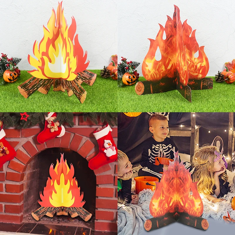 3D Cardboard Campfire Centerpiece Firefighter Theme Birthday Halloween Decoration for Home Fireplace Decoration Fake Flame 1/3Pc