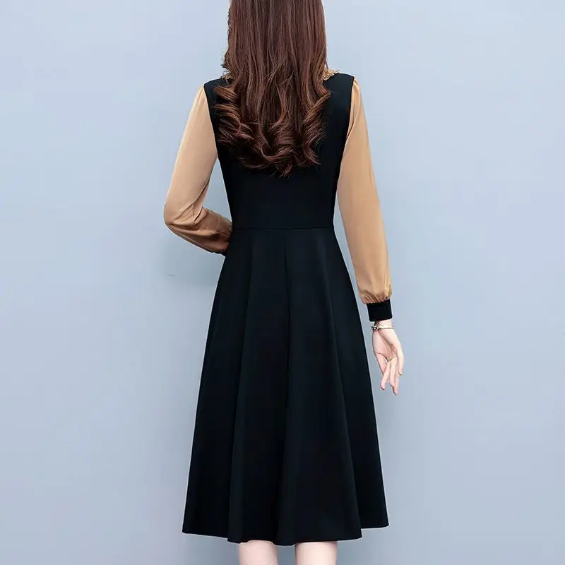 Commute Lace Peter Pan Collar Midi Dress Spring Autumn Long Sleeve Spliced Female Clothing Button Elegant A-Line Waist Dresses