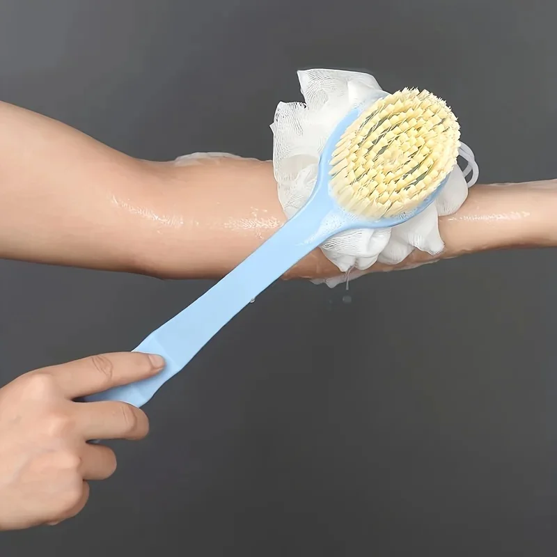 2 in 1 Exfoliating Bath Brush Curved Long Handle Soft Loofah Bristle Shower Brush for Men Women Spa