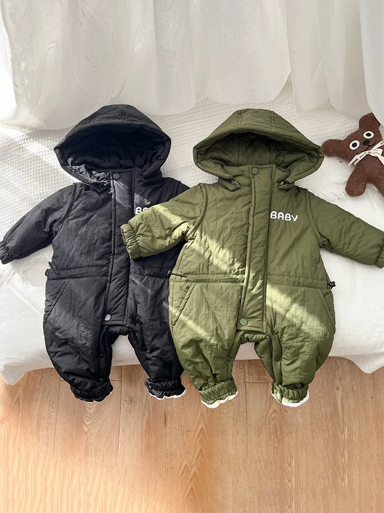 2024 Winter New Baby Plus Velvet Thick Warm Romper Toddler Boy Girl Letter Jumpsuit Newborn Infant Warm Padded Clothes 0-3T