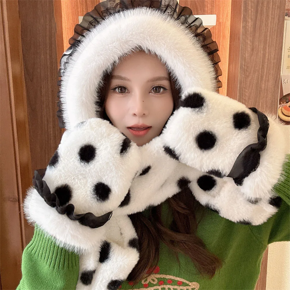 Cute Plush Plush Hat Three-piece Set Warm Winter Scarf Windproof Rabbit Ears Mittens Winter