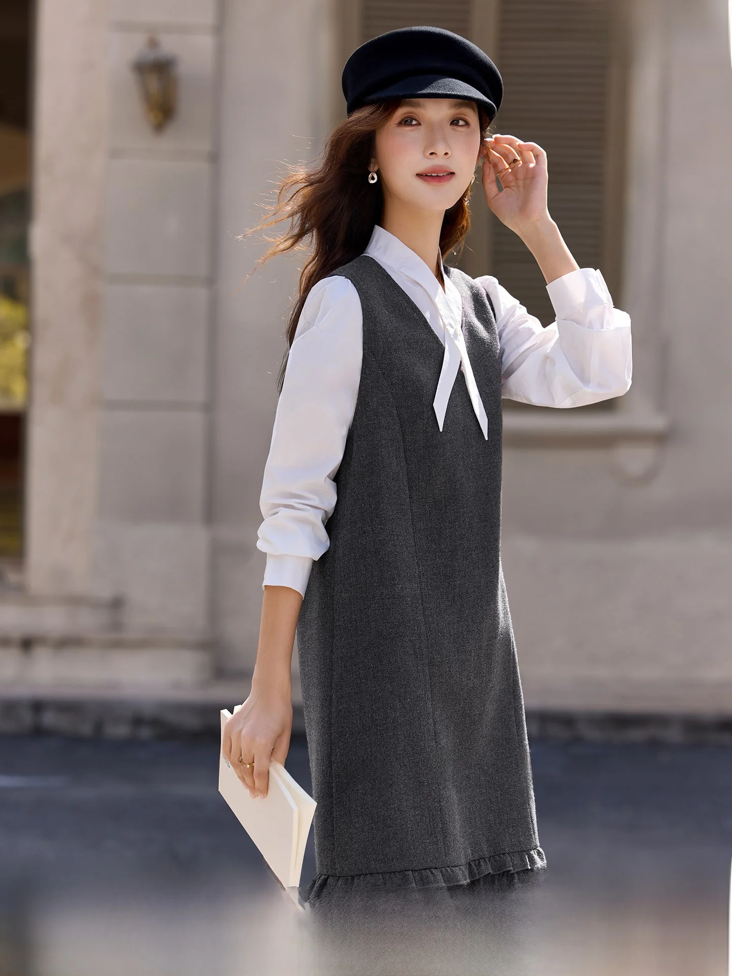 

Vimly Fraance Sle Women's Spring 2026 Casual Loose Fit Long Sve V-Ne Cotton Two-Piece Set irt And Vest Dr
