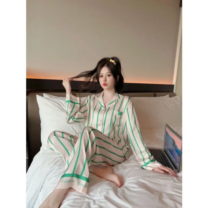 Korean Simple Style Pajamas Women's Silk Long-sleeved Pink Letter Light Luxury Spring  Autumn Loungewear Set Can Be Worn Outside