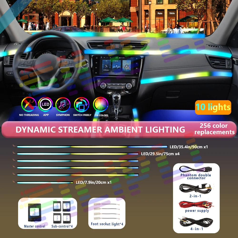 LED 64 Color RGB Interior Streamer Symphony Car Ambient Light  Acrylic Strip Light USB APP Control Remote Use time 100000 hours