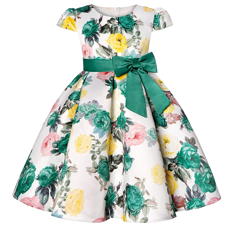 Vestido de flores de siete colores para niñas, ropa de verano con lazo grande, vestido de princesa de Navidad, regalo de fiesta de cumpleaños de 2 a