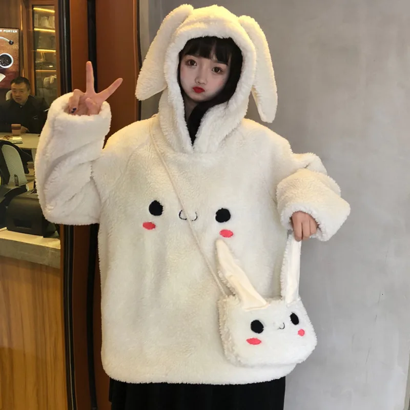 Autumn Winter Women Kawaii Rabbit Ears Plush Thicken Hoodie Faux Fur Casual Soft Warm Fluffy Embroidery Sweatshirt With Mini Bag