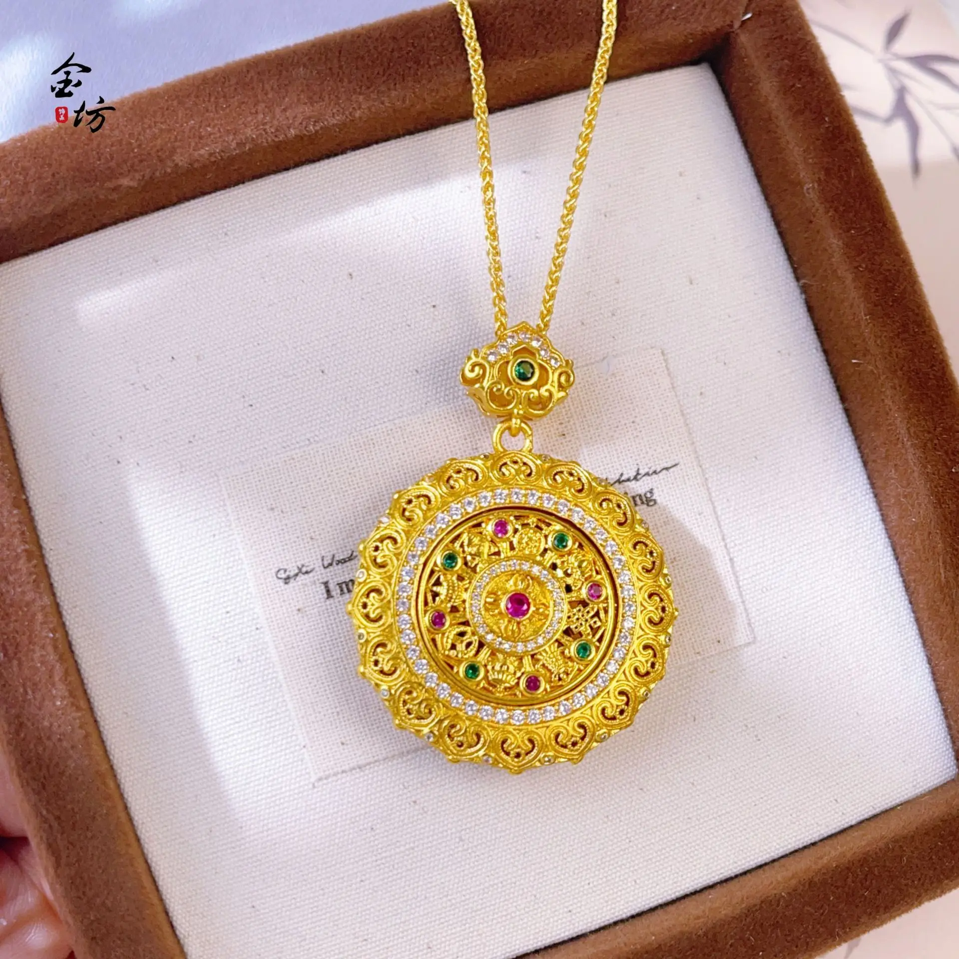 Gold Shop 9999 24K real gold filigree ruyi point diamond rotating compass pendant light luxury retro necklace jewelry