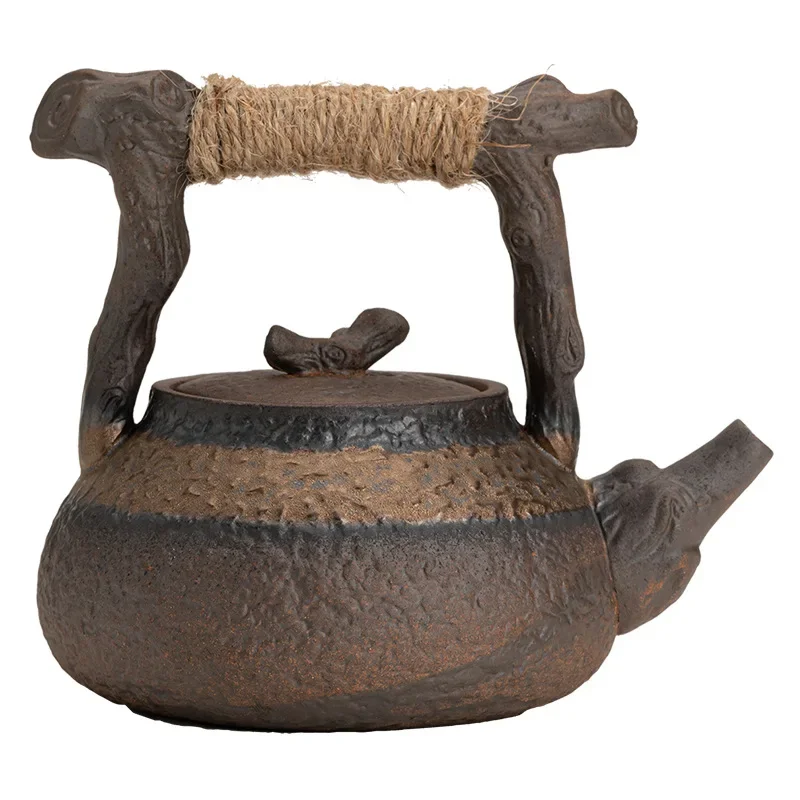 Hemp Rope Handle Dried Wood Loop-Handled Teapot Japanese Gilding Iron Glaze Teapot Small Size Teapot Tea Maker Tea Kettle