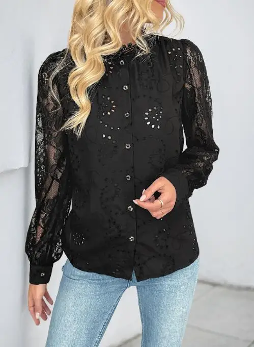 Outono cor sólida em torno do pescoço renda retalhos único breasted camisa para mulher, elegante e casual oco para fora camisa de manga comprida