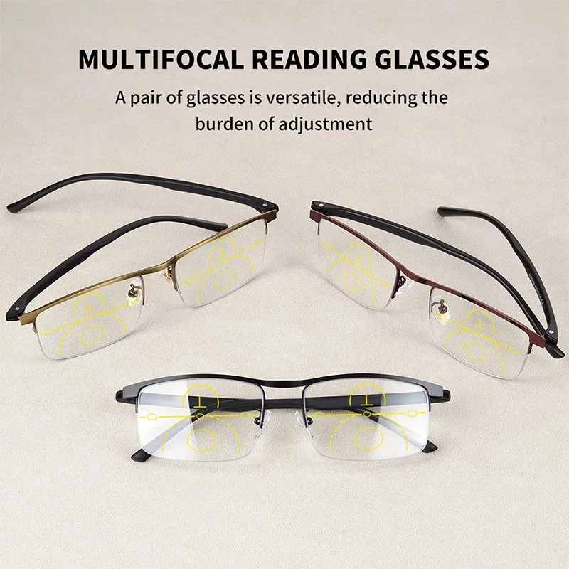 3 Farben Metall-Halbrahmen Progressive Multifokal-Lesebrille für Herren, Flexible Bügel, Ultraleichte HD Anti-Ermüdungs-Brille für Damen