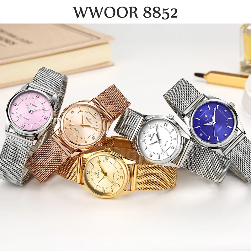 Fashion Wwoor Top Brand Dress Luxury Gold Elegant Diamond Small Quartz Wrist Watches Women Mesh Steel Clock Zegarek Damski