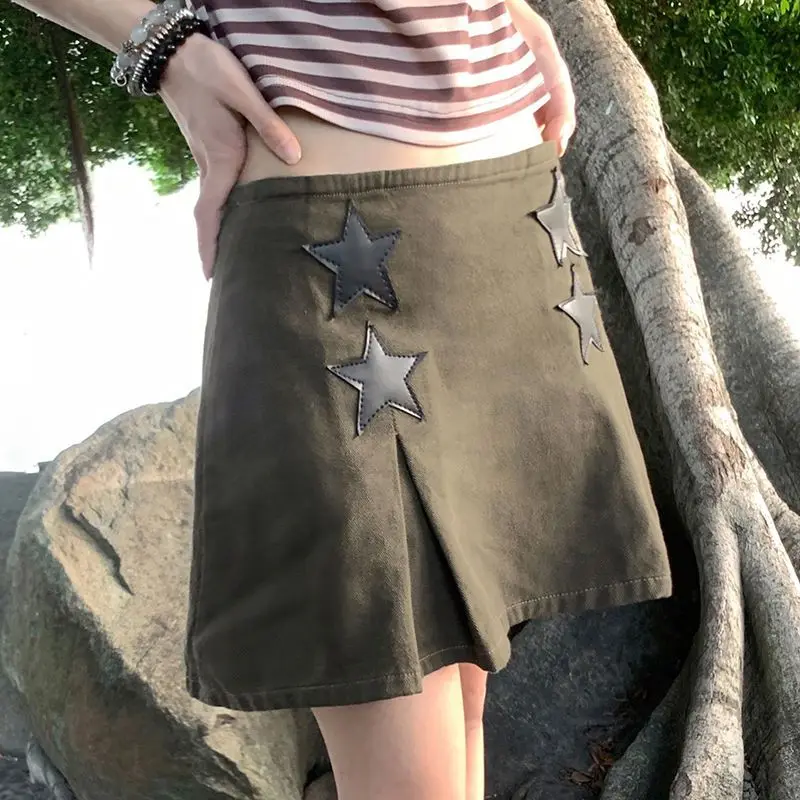 Denim Pleated Skirt Star Patch Zipper Low Waist American Retro Skirt Female Slimming Hot Girl Short Skirt