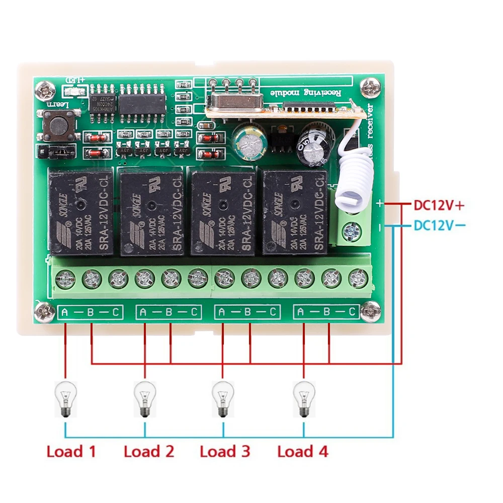 Universal Relay Module Receiver 433.92Mhz DC 6V 12V 24V 10A 4CH EV1527 Wireless Remote Control Switch 33.92Mhz for DC Motor DIY