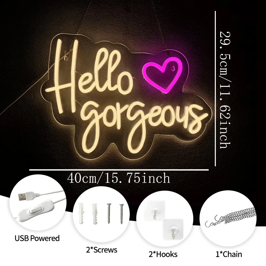 Hello Gorgeous Led Neon Sign, Letter Light Heart-Shaped Icon Usb Powered, Used For Bedroom, Club, Proposal Party, Wedding Decor.