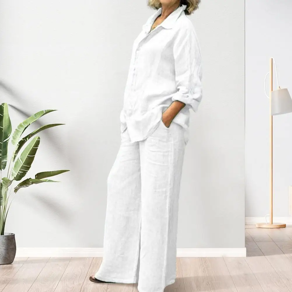 طقم قميص وبناطيل كتان بأكمام طويلة للنساء ، بلوزة كاجوال ، مستقيم ، أحادي اللون ، فضفاض ، أزرار ، عتيق ، خريف ، 2