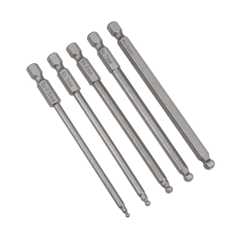 5 pces 100mm comprimento bola final hex chave de fenda bits conjunto 1/4 Polegada hex haste magnética 2.5-6mm cabeça parafuso driver bit ferramenta de mão elétrica