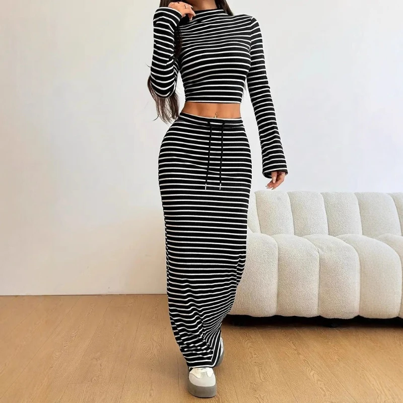 

Fall Women's Casual Fashion Striped Suit Half High Neck Long Sleeve Top Drawstring Waist Long Skirt Two Piece Set Women Clothing