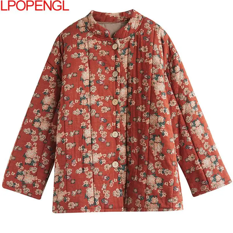 2023 Winter Floral Cotton Clothes Stand Collar Loose Warm Jacket Quilted Thick Printing Woman Single Breasted Wide-waisted Coats