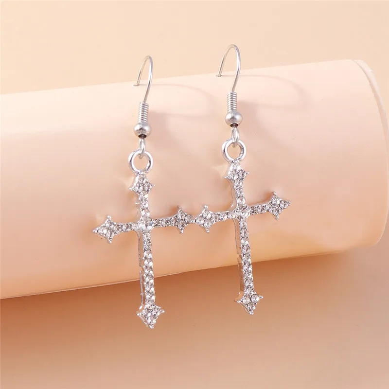 Dazzling Zircon Crystal Cross Earrings for Women Men Gothic Punk Hip Hop Jesus Crucifix Dangle Earring Christian Party Jewelry